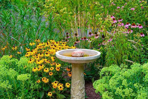 Bird bath with flowers in bloom-Howard County, Indiana
